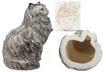 Moe Howard Hand-Painted Ceramic Cat, With Photo of the Cat, & 4 Other Photos of Him in Ceramics, His Favorite Hobby -- 13'' x 11'' Cat Has Moe's Stamp on Bottom -- Small Chip to Side, Else Near Fine